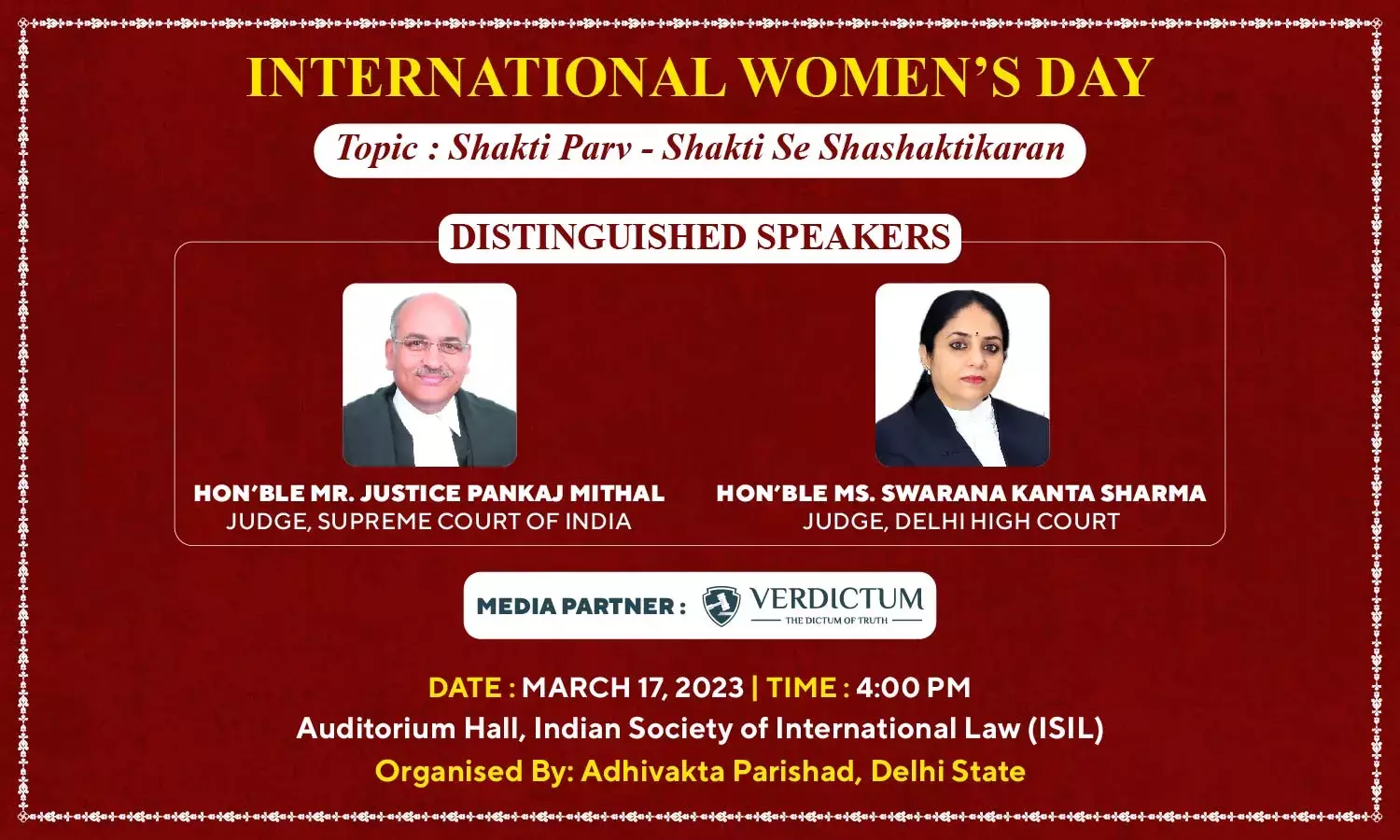 Justice Pankaj Mithal And Justice Swarana Kanta Sharma To Speak On Womens Empowerment Justice Pankaj Mithal And Justice Swarana Kanta Sharma To Speak On Womens Empowerment